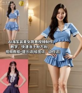 AI海军装美女跳舞视频制作教学,快速涨千粉万粉,视频教程+提示词(绘图词、动作词)-赚金金-技能学习分享
