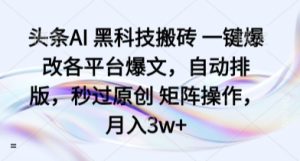 头条AI 黑科技搬砖 一键爆改各平台爆文,自动排版,秒过原创 矩阵操作,月入3w+【揭秘】-赚金金-技能学习分享