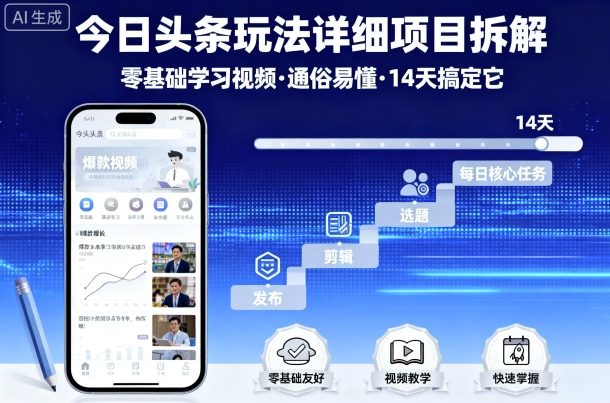 今日头条玩法详细项目拆解，零基础学习视频 通俗易懂 14天搞定它-赚金金-技能学习分享