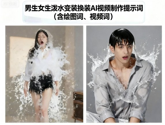 男生女生泼水变装换装AI视频制作提示词(含绘图词、视频词)-赚金金-技能学习分享
