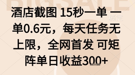 酒店截图项目，15秒一单，一单0.6米，每天任务无上限，全网首发可矩阵单日收益3张+【揭秘】-赚金金-技能学习分享