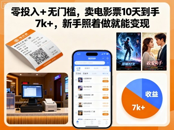 零投入+无门槛，卖电影票10天到手7k+，新手照着做就能变现【揭秘】-赚金金-技能学习分享
