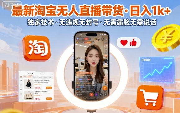 最新淘宝无人直播带货，日入1k+，独家技术，无违规无封号，无需露脸无需说话【揭秘】-赚金金-技能学习分享