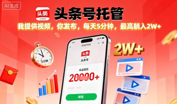 【头条号托管】我提供视频，你发布，每天5分钟，最高躺入2W+【揭秘】-赚金金-技能学习分享