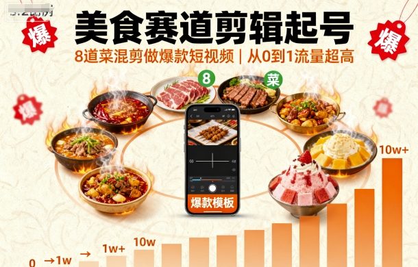 美食赛道剪辑起号，8道菜混剪做爆款短视频，从0到1，流量超高-赚金金-技能学习分享