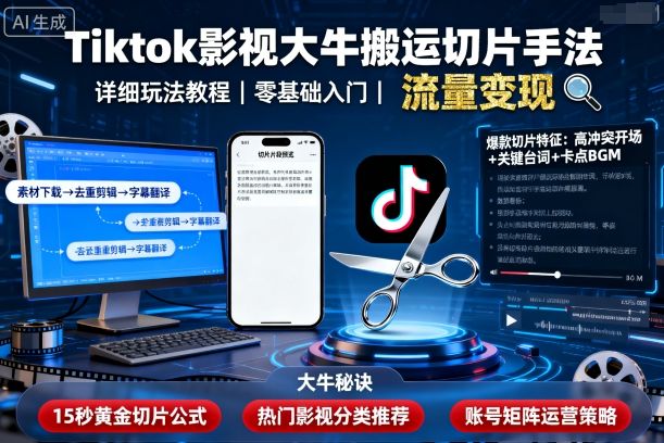 Tiktok影视大牛搬运切片手法，详细玩法教程-赚金金-技能学习分享