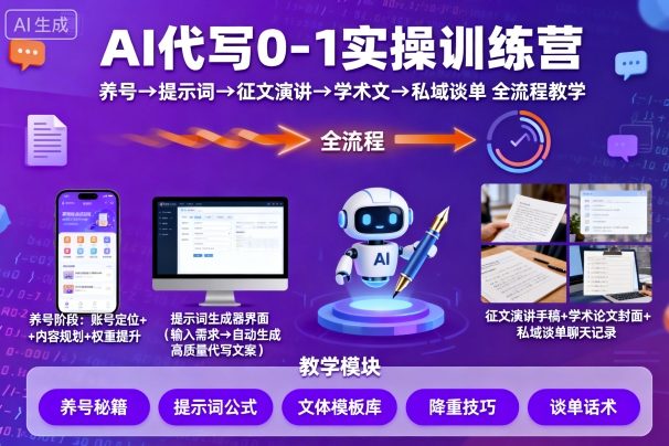 AI代写0-1实操训练营，从养号、提示词、征文演讲、学术文，到私域谈单的全流程教学-赚金金-技能学习分享