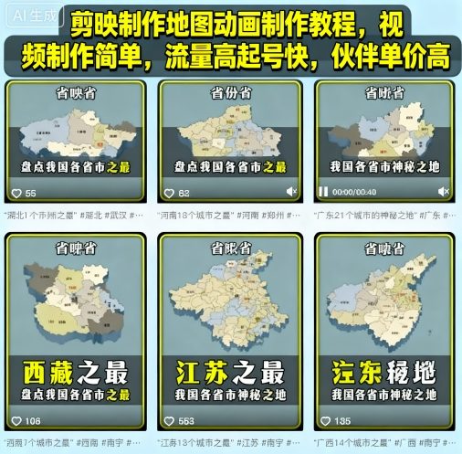 剪映制作地图动画制作教程，视频制作简单，流量高起号快，伙伴单价高-赚金金-技能学习分享