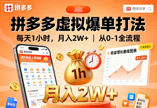 拼多多虚拟爆单打法，每天1小时，月入2W+，从0-1全流程-赚金金-技能学习分享