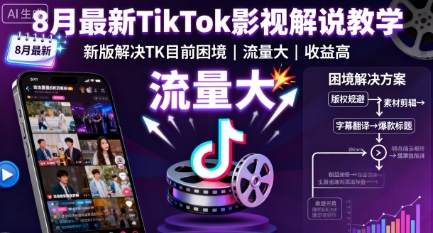 8月最新TikTok影视解说教学，新版解决TK目前困境，流量大，收益高-赚金金-技能学习分享