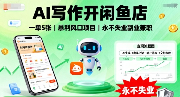 AI写作开闲鱼店，一单5张，暴利风口项目，永不失业副业兼职【全网首发】-赚金金-技能学习分享