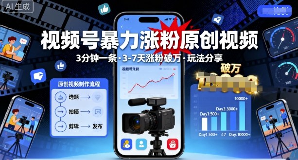 视频号暴力涨粉原创视频，3分钟一条原创视频，3-7天涨粉破万，玩法分享给你-赚金金-技能学习分享