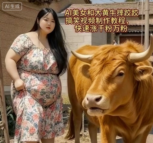 AI美女和大黄牛摔跤搞笑荒诞视频制作教程，快速涨千粉万粉-赚金金-技能学习分享