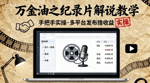 万金油之纪录片解说教学，手把手教你，完全实操，多平台发布撸收益-赚金金-技能学习分享