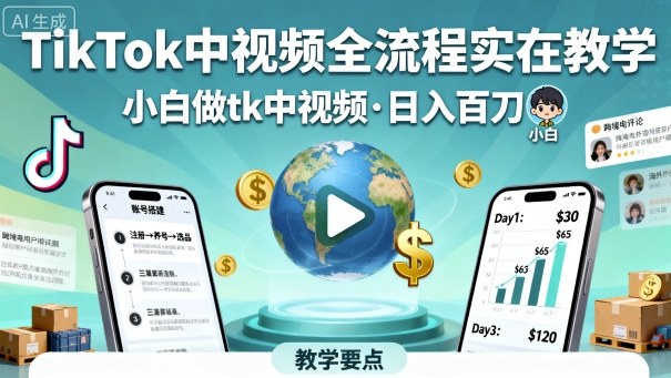 TikTok中视频全流程实操教学，小白做tk中视频，日入百刀-赚金金-技能学习分享