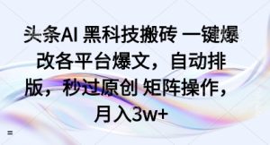 头条AI黑科技搬砖项目一键爆改各平台爆文,自动排版,秒过原创矩阵操作,月入3w+【揭秘】-赚金金-技能学习分享