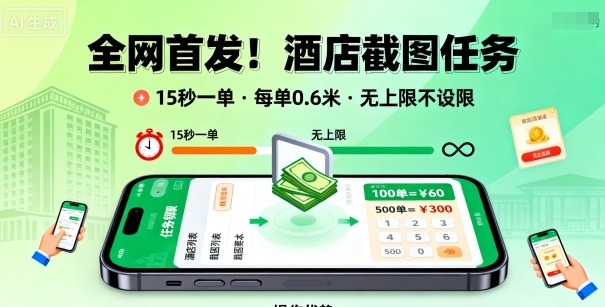 全网首发！酒店截图任务，15秒一单，每单0.6米，任务无上限不设限，矩阵操作单日3张到手【揭秘】-赚金金-技能学习分享