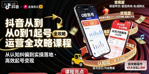 抖音从0到1起号运营全攻略课程，从认知纠偏到实操落地，高效起号变现-赚金金-技能学习分享