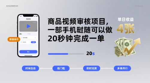 商品视频审核项目，一部手机随时随地都可以做，20秒钟完成一单，单日收益 4张【揭秘】-赚金金-技能学习分享