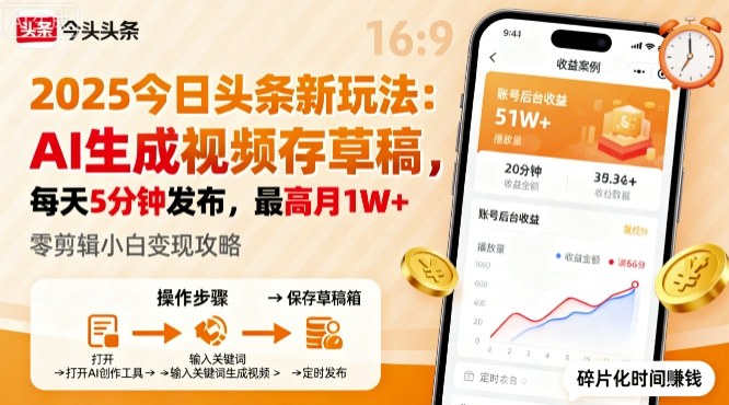 2025年今日头条躺賺新玩法，AI生成视频存草稿，每天5分钟发布，最高月1W+【揭秘】-赚金金-技能学习分享
