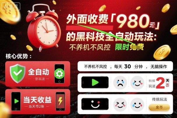 外面收费980的黑科技全自动玩法，不养机不风控，每天30分钟，无脑操作，当天收益2张【揭秘】-赚金金-技能学习分享