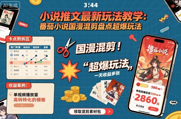 小说推文最新玩法教学，番茄小说国漫混剪盘点超爆玩法，全程干货，一天收益多张-赚金金-技能学习分享