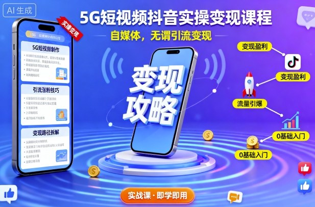 5G短视频抖音实操变现课程，自媒体，无谓引流变现-赚金金-技能学习分享