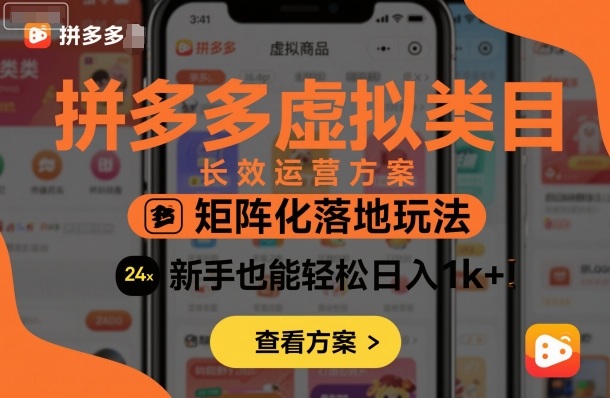 拼多多虚拟类目长效运营方案：矩阵化落地玩法，新手也能轻松日入1k+-赚金金-技能学习分享