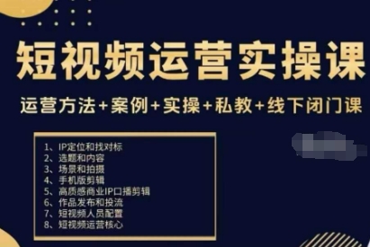 短视频运营实操课，运营方法+案例+实操+私教+线下闭门课-赚金金-技能学习分享
