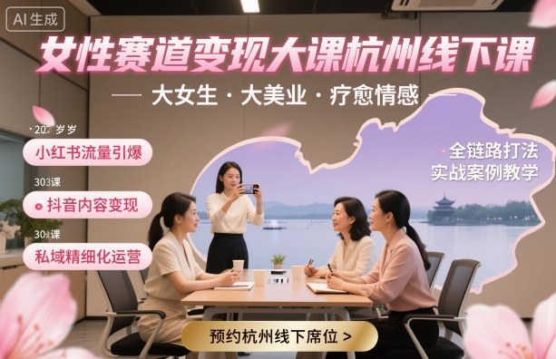 女性赛道变现大课杭州线下，大女生，大美业，疗愈情感，一套小红书、抖音、私域全链路打法-赚金金-技能学习分享