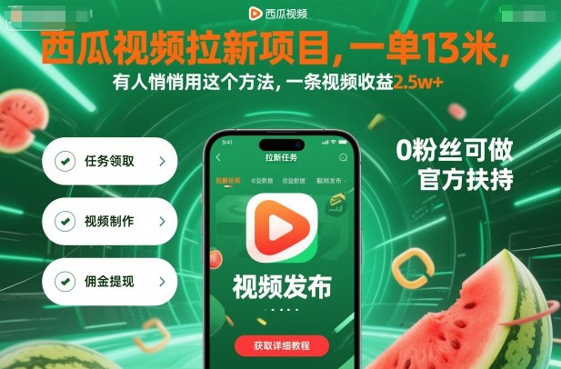 西瓜视频拉新项目，一单13米，有人悄悄用这个方法，一条视频收益2.5w+（附详细教程）-赚金金-技能学习分享