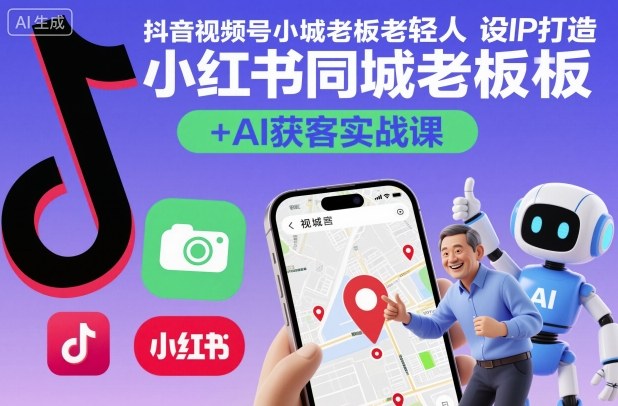 抖音视频号小红书同城老板轻人设IP打造+AI获客实战课，人设打造-算法拆解-拍摄剪辑-内容运营-AI创作-赚金金-技能学习分享
