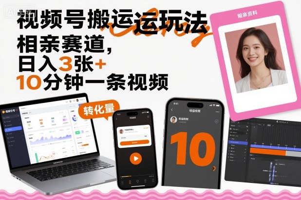 视频号搬运玩法，相亲赛道，日入3张+，10分钟一条视频-赚金金-技能学习分享