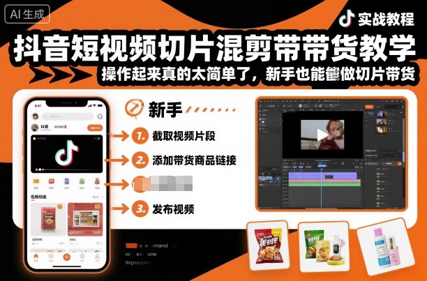 抖音短视频切片混剪带货教学，操作起来真的太简单了，新手也能做切片带货-赚金金-技能学习分享