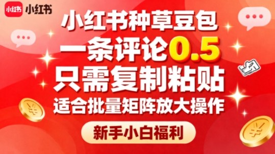 小红书种草豆包，一条评论0.5，只需复制粘贴，适合批量矩阵放大操作，新手小白福利-赚金金-技能学习分享