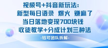 视频号加抖音新玩法：爆火新型每日语录，收徒教学加分成计划，三种变现玩法，当日变现7张-赚金金-技能学习分享