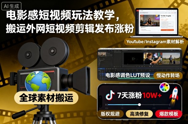 电影感短视频玩法教学，搬运外网短视频剪辑发布涨粉-赚金金-技能学习分享
