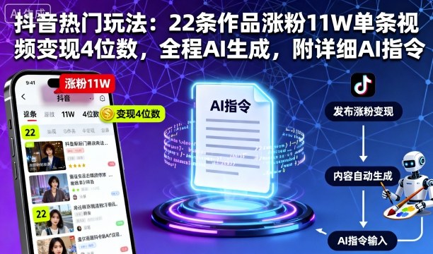 抖音热门玩法：22条作品涨粉11W单条视频变现4位数，全程AI生成，附详细AI指令-赚金金-技能学习分享