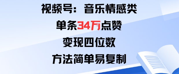 视频号分成计划新玩法：音乐情感类单条34W点赞，变现四位数，方法简单易复制-赚金金-技能学习分享