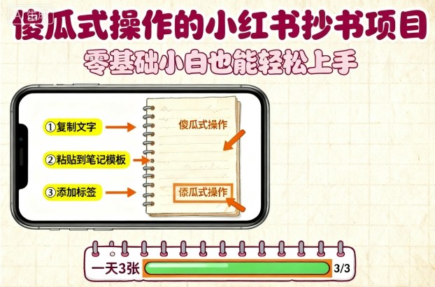 傻瓜式操作的小红书抄书项目，会复制粘贴就行，零基础小白也能一天3张-赚金金-技能学习分享