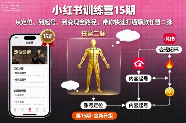 小红书训练营15期，从定位、到起号、到变现全路径，带你快速打通爆款任督二脉-赚金金-技能学习分享