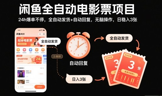 闲鱼全自动电影票项目，24h爆单不停，全自动发货+自动回复，无脑操作，日稳入3张【揭秘】-赚金金-技能学习分享