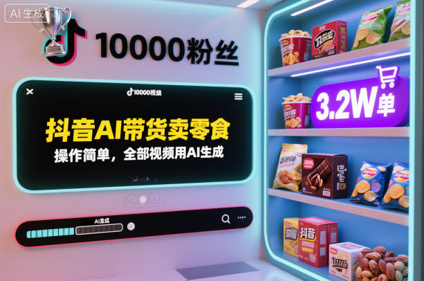 抖音AI带货卖零食，操作简单，全部视频用AI生成，一万粉丝，卖了3.2W单-赚金金-技能学习分享