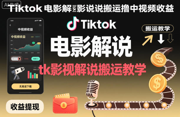 Tiktok电影解说搬运撸中视频收益，tk影视解说搬运教学-赚金金-技能学习分享