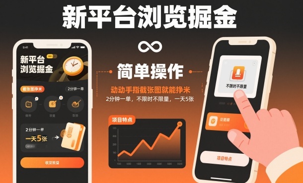 新平台浏览掘金，动动手指截张图就能挣米，2分钟一单，不限时不限量，一天5张【揭秘】-赚金金-技能学习分享