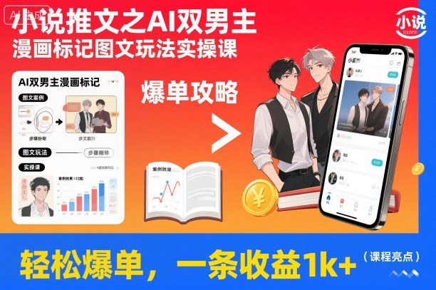 小说推文之AI双男主漫画标记图文玩法实操课，轻松爆单，一条收益1k+-赚金金-技能学习分享