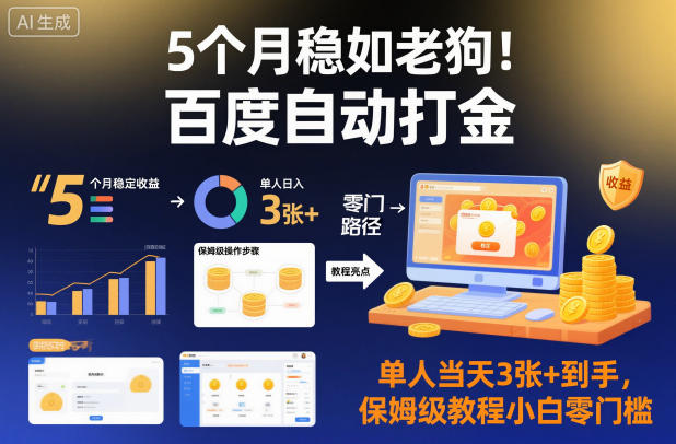 5个月稳如老狗！百度自动打金，单人当天3张+到手，保姆级教程小白零门槛【揭秘】-赚金金-技能学习分享