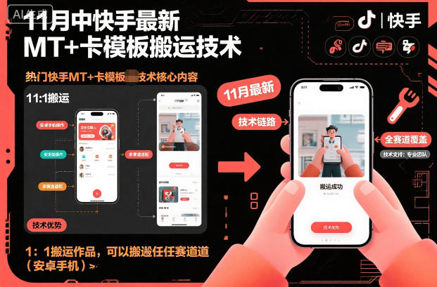 11月中快手最新MT+卡模板搬运技术，1：1搬运作品，可以搬运任何赛道（安卓手机）-赚金金-技能学习分享