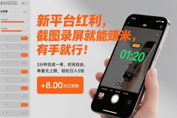 新平台红利，截图录屏就能賺米，有手就行！2分钟完成一单，时间自由，单量无上限，轻松日入5张【揭秘】-赚金金-技能学习分享