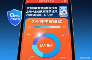 京东短视频带货独家技术,2分钟生成一条优质爆款视频,0粉丝0保证金,日入1k+【揭秘】-赚金金-技能学习分享